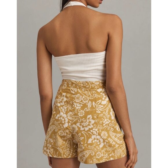 Maeve Anthropologie Womens Pleated Poplin Shorts Size 6 Chartreuse Floral - Picture 2 of 9